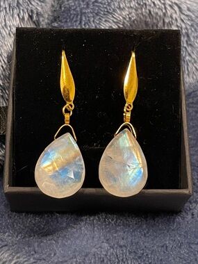 Gold Teardrop Flashy Rainbow Moonstone Dangle Earrings
